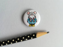 Load image into Gallery viewer, Mini grey mouse button badge, mouse is wearing a blue coat and green wellies
