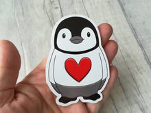 Load image into Gallery viewer, Penguin vinyl stickers, penguin jumper sticker, heart, cute sticker
