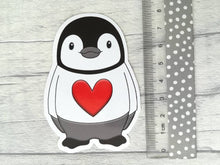 Load image into Gallery viewer, Penguin vinyl stickers, penguin jumper sticker, heart, cute sticker
