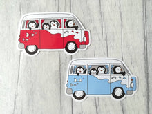 Load image into Gallery viewer, Camper van sticker, penguins vinyl sticker, penguin sticker, red and blue camper van, cute sticker
