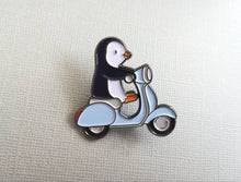 Load image into Gallery viewer, Seconds. Penguin scooter enamel pin, penguin badge, cute scooter pins, soft enamel brooch pins, blue or red bike enamel badges
