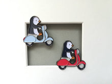Load image into Gallery viewer, Seconds. Penguin scooter enamel pin, penguin badge, cute scooter pins, soft enamel brooch pins, blue or red bike enamel badges
