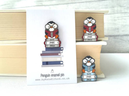 Penguin book enamel pin, penguin brooch, just one more page badge, hard enamel pins