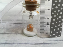 Load image into Gallery viewer, Owl Christmas decoration. Little pottery owl in a miniature glass bottle. Mini Christmas owl ornament
