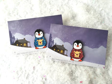 Load image into Gallery viewer, Seconds. Christmas penguin soft enamel pin, penguin brooch, Christmas glitter reindeer jumper. Blue or red
