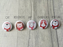 Load image into Gallery viewer, Mini Christmas badges, stocking filler pin badge, penguin, cat, rat, guinea pig and hedgehog pin buttons
