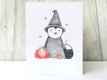 Load image into Gallery viewer, Halloween penguin witch, Halloween card, penguin, cauldron and broom
