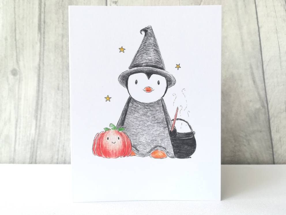 Halloween penguin witch, Halloween card, penguin, cauldron and broom