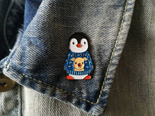 Load image into Gallery viewer, Christmas penguin soft enamel pin, penguin brooch, Christmas glitter jumper. Blue or red
