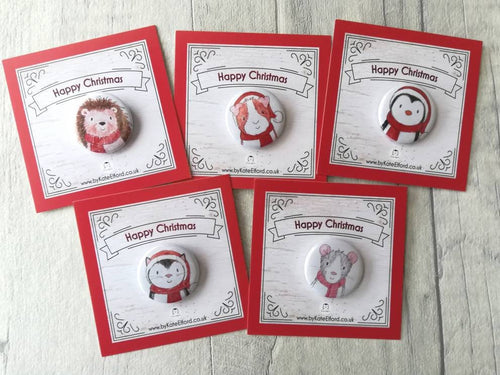 Mini Christmas badges, stocking filler pin badge, penguin, cat, rat, guinea pig and hedgehog pin buttons