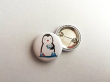 Load image into Gallery viewer, Penguin badge, tea and slippers design
