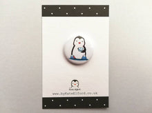 Load image into Gallery viewer, Mini button badge, the design is a penguin in blue slippers holding a cup of tea
