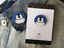 Load image into Gallery viewer, Penguin pin, wooden pin badge, cute little blue starry penguin chick brooch.
