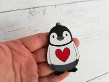 Load image into Gallery viewer, Penguin love heart decoration. Little wooden penguin tag, Red heart Christmas ornament
