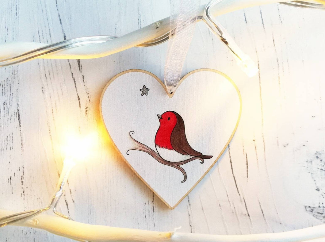 Robin memory heart. With you. Little robin ornament, with a silver glitter star, Made from responsibly resourced wood.