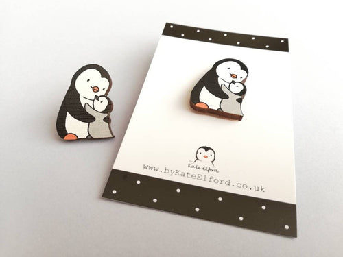 Penguin and chick wooden pin brooch, Mum and baby cute little penguin badge. Responsibly resourced wood.