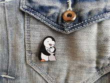 Load image into Gallery viewer, Penguin and chick wooden pin brooch, Mum and baby cute little penguin badge, eco friendly wood
