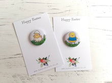 Load image into Gallery viewer, Sweet Easter chick mini badges, on cards worded Happy Easter
