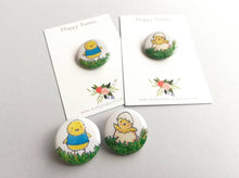 Load image into Gallery viewer, Easter badge, little chick pin buttons, Happy Easter, egg hunt treasure
