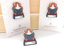 Load image into Gallery viewer, Guinea pig book enamel pins, book enamel badge, reading guinea pig pin, cute cavy gift
