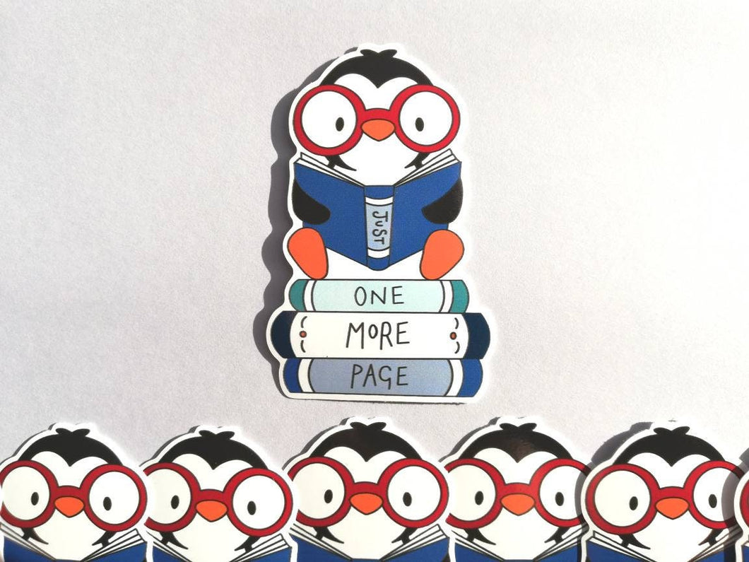 Penguin vinyl sticker, book penguin sticker, just one more page sticker, eco friendly