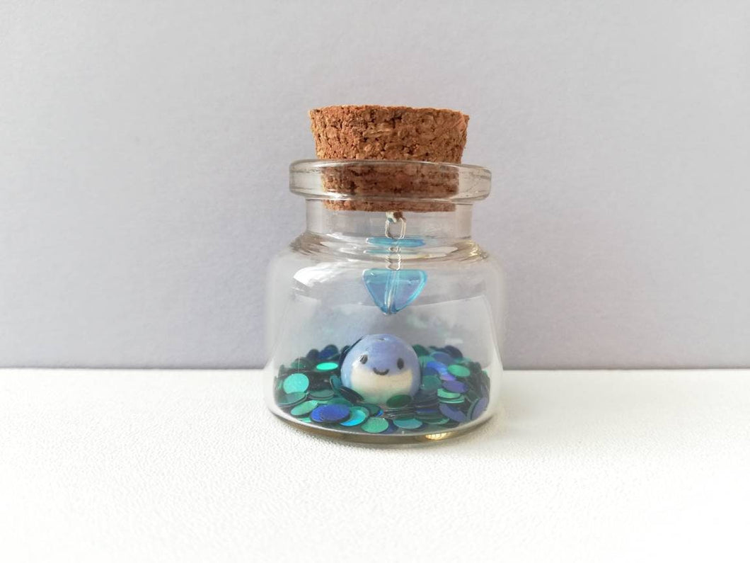 Miniature whale ornament. Little pottery whales in a glass bottle. Puffin mini ornament with or without hook