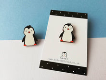 Load image into Gallery viewer, Penguin wooden pin badge, cute little penguin brooch. Made from environmentally friendly, responsibly resourced wood.
