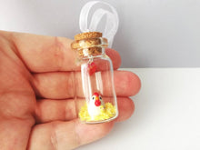 Load image into Gallery viewer, Miniature chicken and chick decoration. Little pottery white hen in a glass bottle. Mini ornament. Easter tree chick
