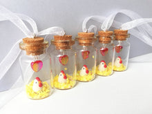 Load image into Gallery viewer, Miniature chicken and chick decoration. Little pottery white hen in a glass bottle. Mini ornament. Easter tree chick
