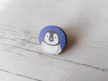 Load image into Gallery viewer, Penguin pin, wooden pin badge, cute little blue starry penguin chick brooch.
