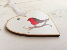 Load image into Gallery viewer, Robin memory heart. With you. Little robin ornament, with a silver glitter star, Made from responsibly resourced wood.
