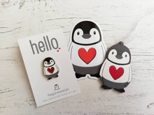 Load image into Gallery viewer, Penguin love heart decoration. Little wooden penguin tag, Red heart Christmas ornament
