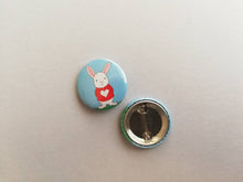 Load image into Gallery viewer, Rabbit badge, mini white rabbit badges, little bunny pin button. Red love heart jumper.
