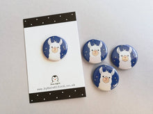 Load image into Gallery viewer, Llama button badge, a mini blue button badge with a white llama illustration and small stars in the sky
