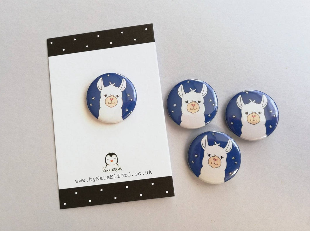 Llama button badge, a mini blue button badge with a white llama illustration and small stars in the sky