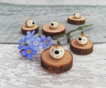 Load image into Gallery viewer, Miniature hedgehog ornament. Pottery hedgehog on wood base
