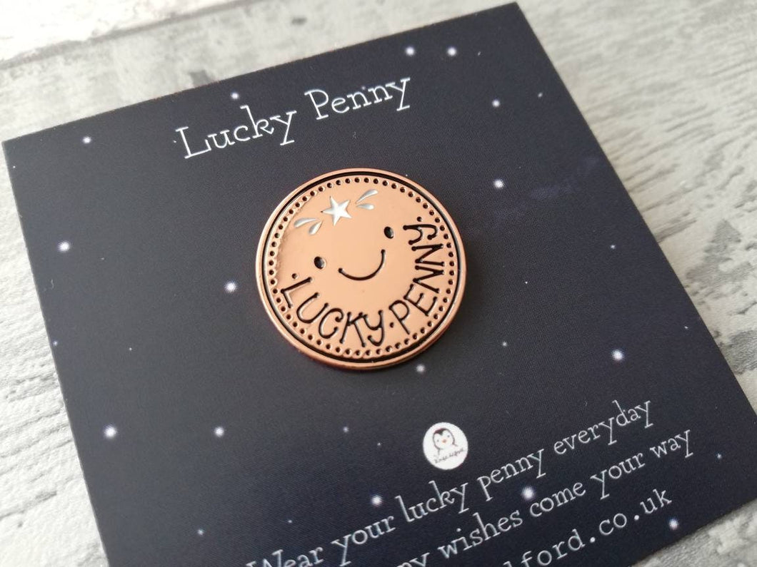 Lucky penny enamel pin, good luck enamel badge, enamel brooch pins, rose gold badges