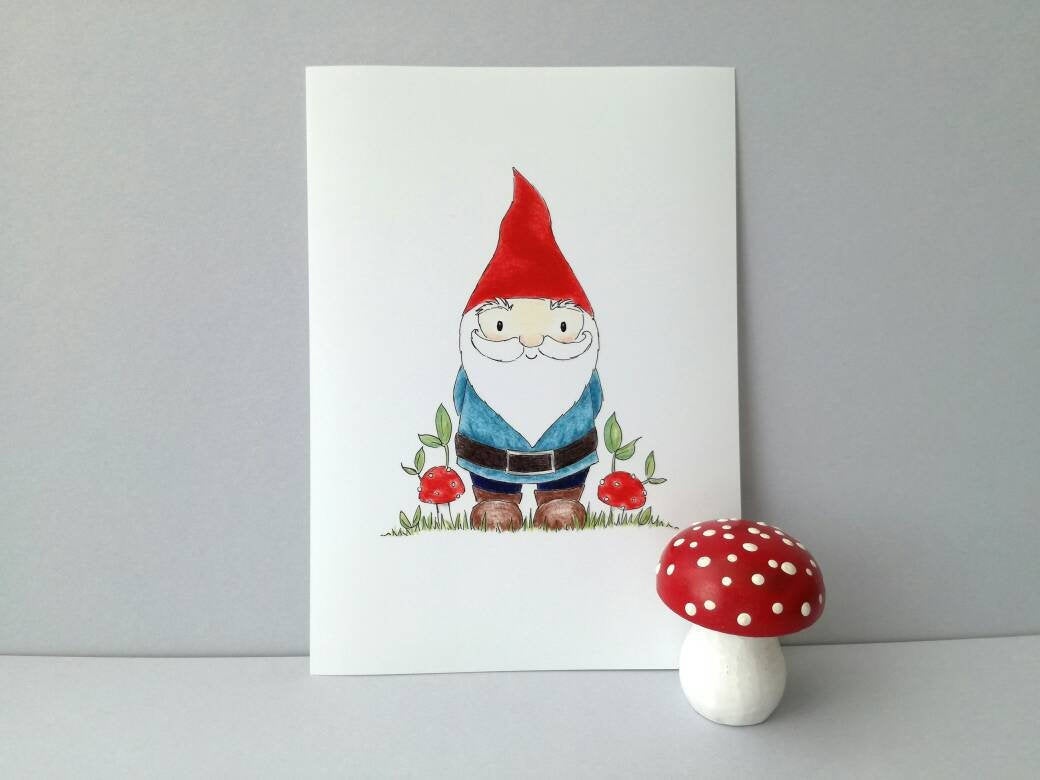Garden gnome print, gardening picture, toadstool 7x5 woodland, cute gnome art