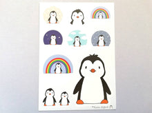 Load image into Gallery viewer, Penguin vinyl sticker sheet, penguin rainbow sticker, clouds, stars, cute stickers, planner, bullet point, journal
