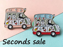 Load image into Gallery viewer, Seconds. Penguin ice cream van enamel pin, badge, cute icecream truck pins, soft enamel lolly brooch pins, blue or pink van enamel badges
