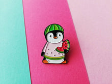 Load image into Gallery viewer, SECONDS Watermelon penguin soft enamel pin, penguin brooch. You are one in a melon. Positive, cheer up gift
