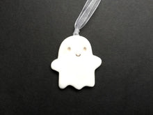 Load image into Gallery viewer, Pottery ghost hanger. Little happy ghost tag. Hand painted ceramics, Halloween ornament
