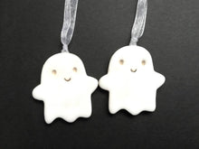 Load image into Gallery viewer, Seconds. Pottery ghost hanger. Little happy spooky tag. Hand painted ceramics, Halloween ornament, minor faults
