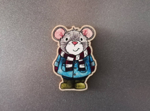 Mouse magnet, little wooden grey mouse duffle coat fridge magnet. Autumn, fall, winter decor