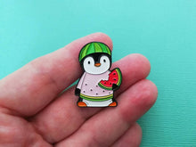 Load image into Gallery viewer, SECONDS Watermelon penguin soft enamel pin, penguin brooch. You are one in a melon. Positive, cheer up gift
