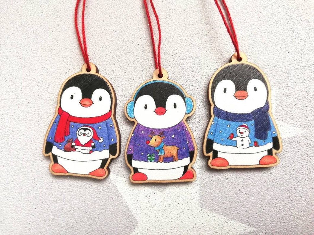 Penguin Christmas decorations. Set of three wooden penguins. Christmas jumper, deer, snowman, santa. Cute Christmas tree ornaments.