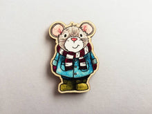 Load image into Gallery viewer, Mouse magnet, little wooden grey mouse duffle coat fridge magnet. Autumn, fall, winter decor
