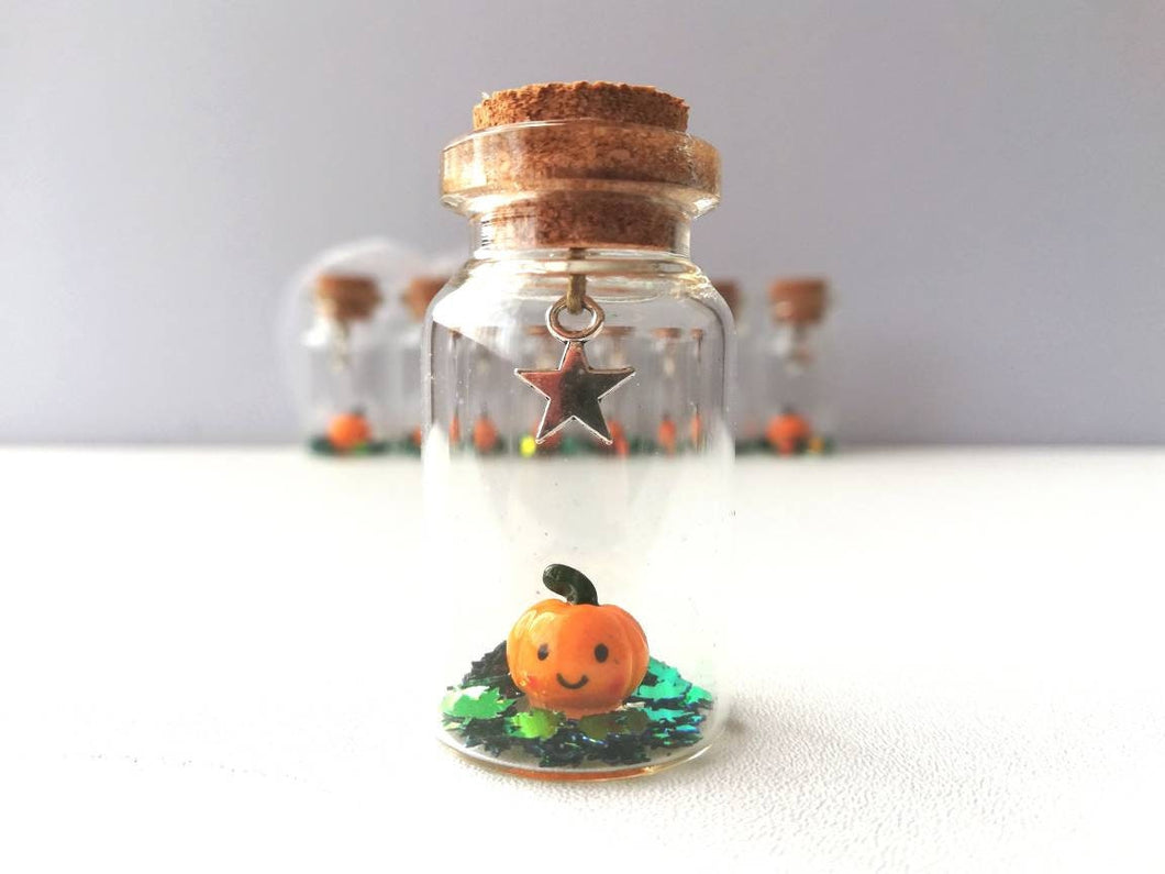 Miniature pumpkin decoration. Little pottery pumpkin in a glass bottle. Halloween mini star autumn ornament
