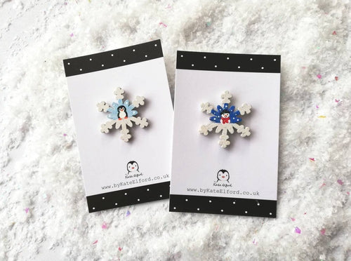 Christmas snowflake brooch, handpainted, penguin or snowman, glittery pin