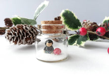 Load image into Gallery viewer, Miniature mole and red toadstool Christmas ornament. Little glass bottle and pottery mole. Christmas woodland mini ornament
